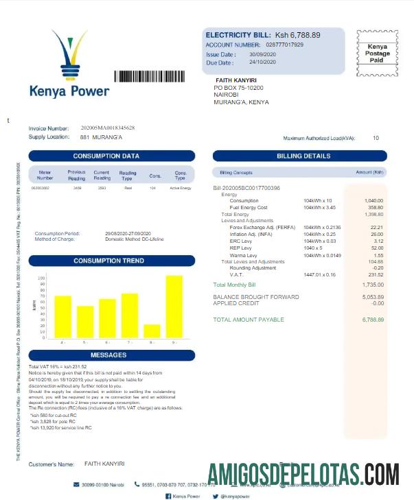 realista QUÊNIA QUÊNIA POWER Conta de serviços públicos modelo Word e PDF